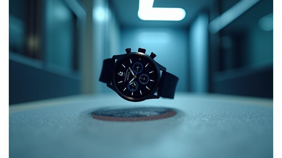 Close-up of a sports watch undergoing a simulated drop test, blurred motion, demonstrating shock resistance