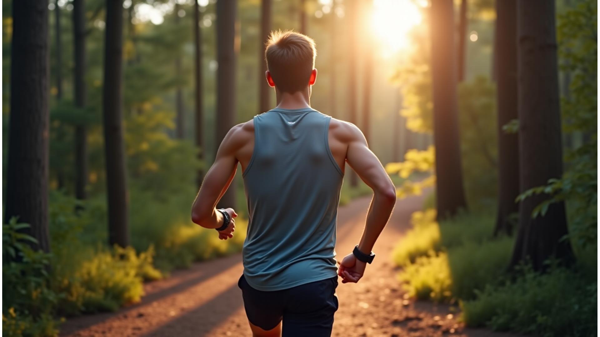 Man wearing a rugged sports watch while trail running through a forest, dynamic motion blur, sun breaking through trees, showcasing durability